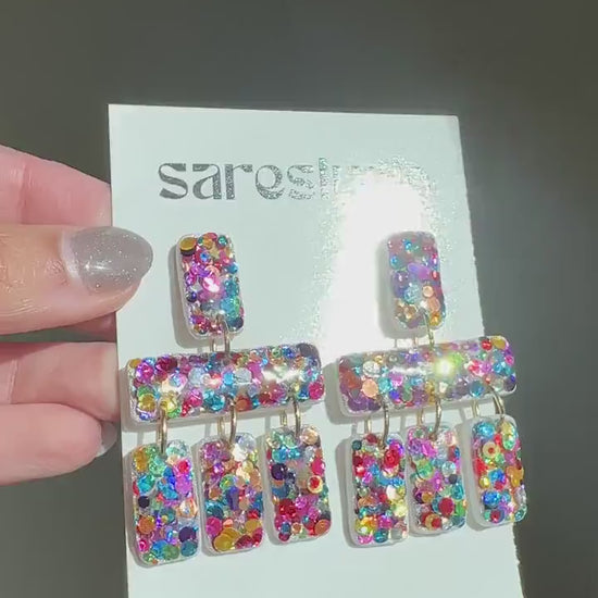 Colorful Confetti Statement Earrings | Multicolor Glitter Dangles | Geometric Handmade Jewelry