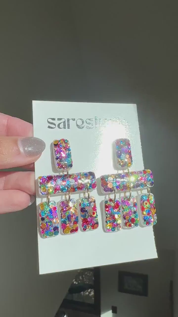 Colorful Confetti Statement Earrings | Multicolor Glitter Dangles | Geometric Handmade Jewelry